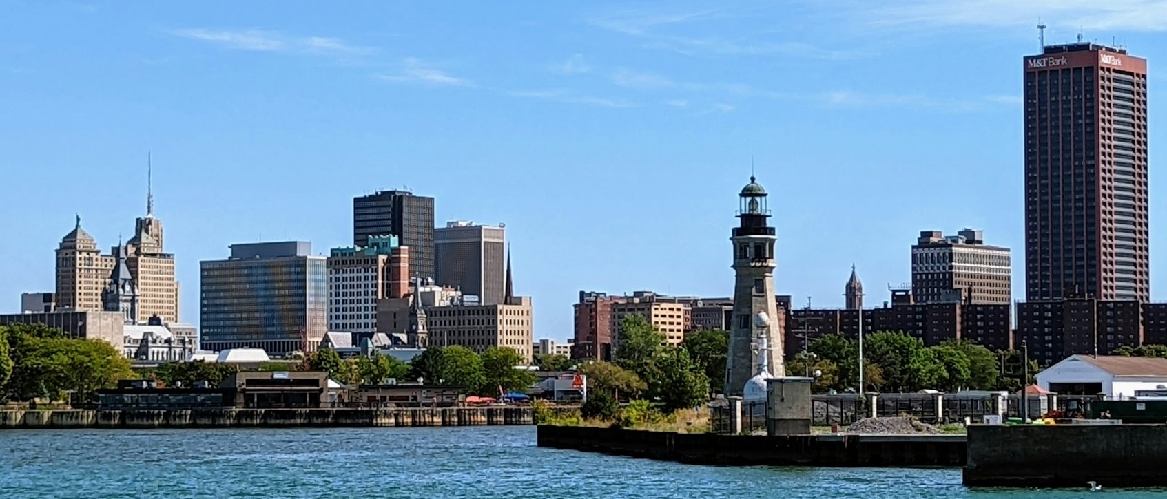 Buffalo, NY waterfront skyline with the Buffalo Main Light